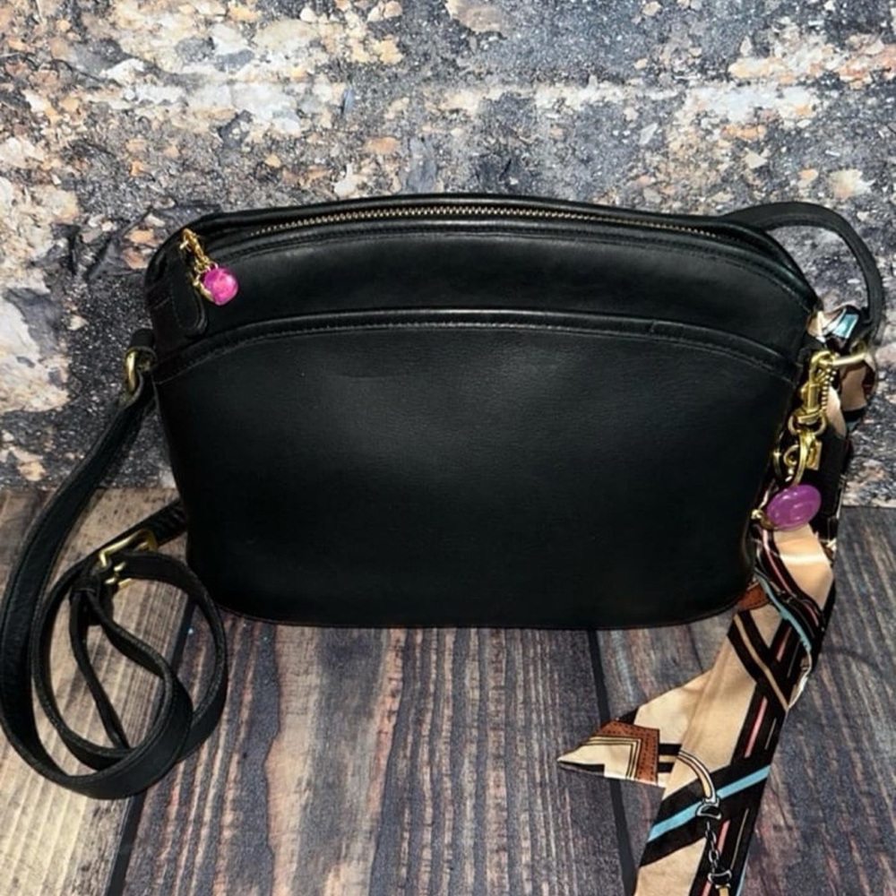 Coach Anderson Black Leather Crossbody with Printed Scarf Accent